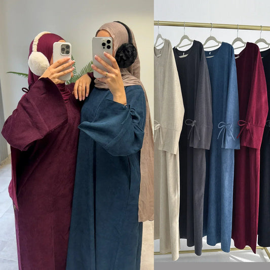 MH71 Muslim Women Corduroy Winter Abaya – Warm Modest Maxi with Pockets