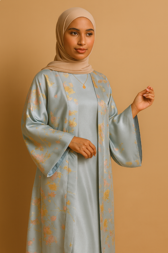 MH98 Sakura Pink Kimono Abaya – Embroidered Eid Abaya with Golden Details（Ship right away））