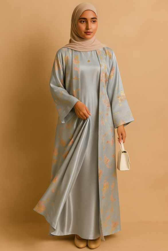 MH98 Sakura Pink Kimono Abaya – Embroidered Eid Abaya with Golden Details（Ship right away））