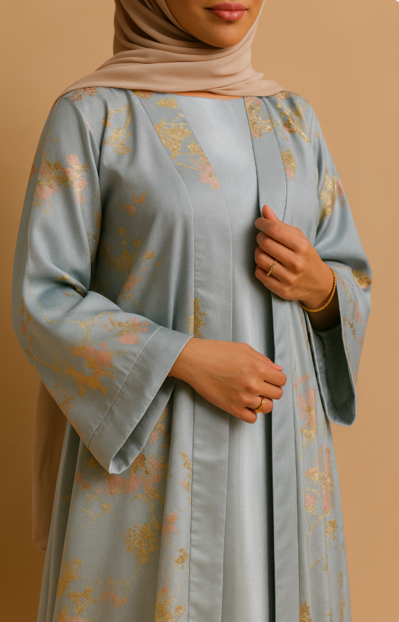 MH98 Sakura Pink Kimono Abaya – Embroidered Eid Abaya with Golden Details（Ship right away））